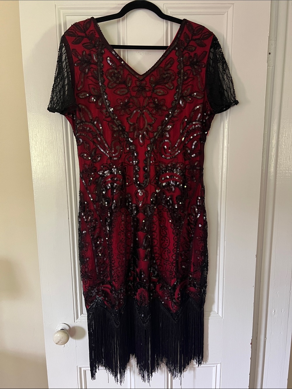 Red Beaded Fringe V-Neck Cocktail Dress with Black Accents